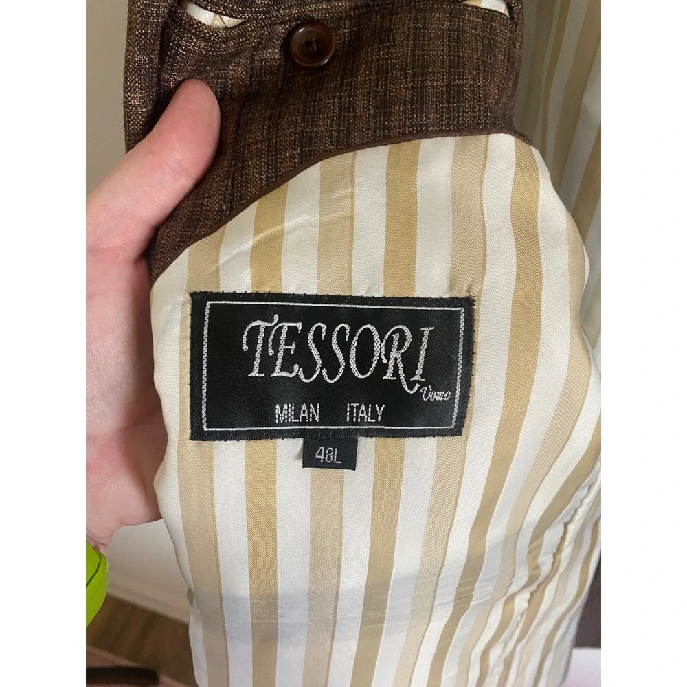 Tessori Uomo Milan Italy Super 150s Wool‎ Blazer Brown Stripe Check 48L Mens